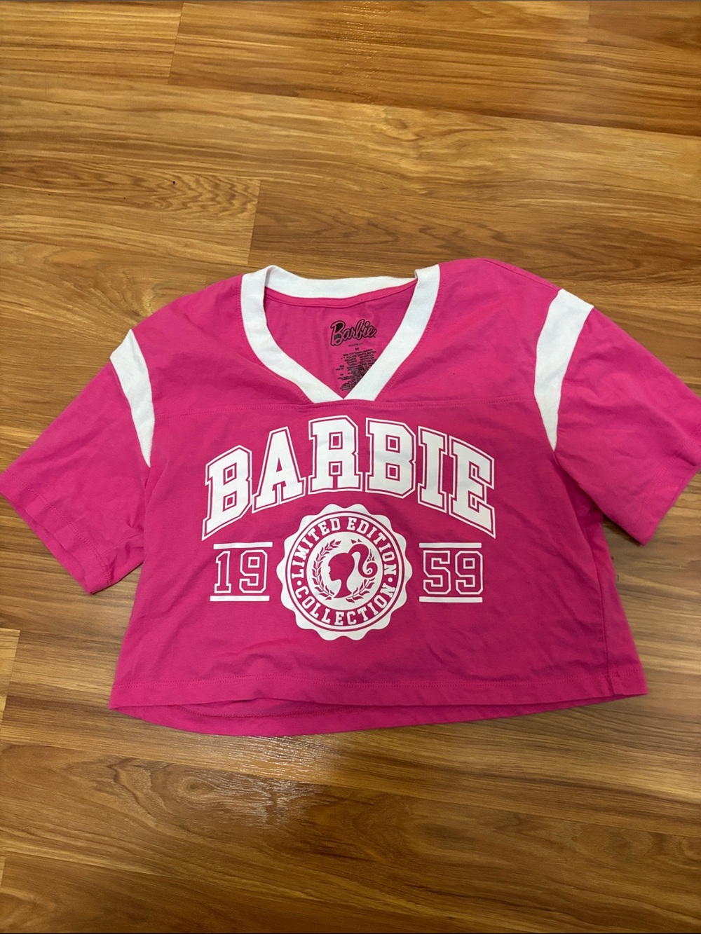 Barbie Hot Pink and White V-Neck Graphic Short Sleeve Tee